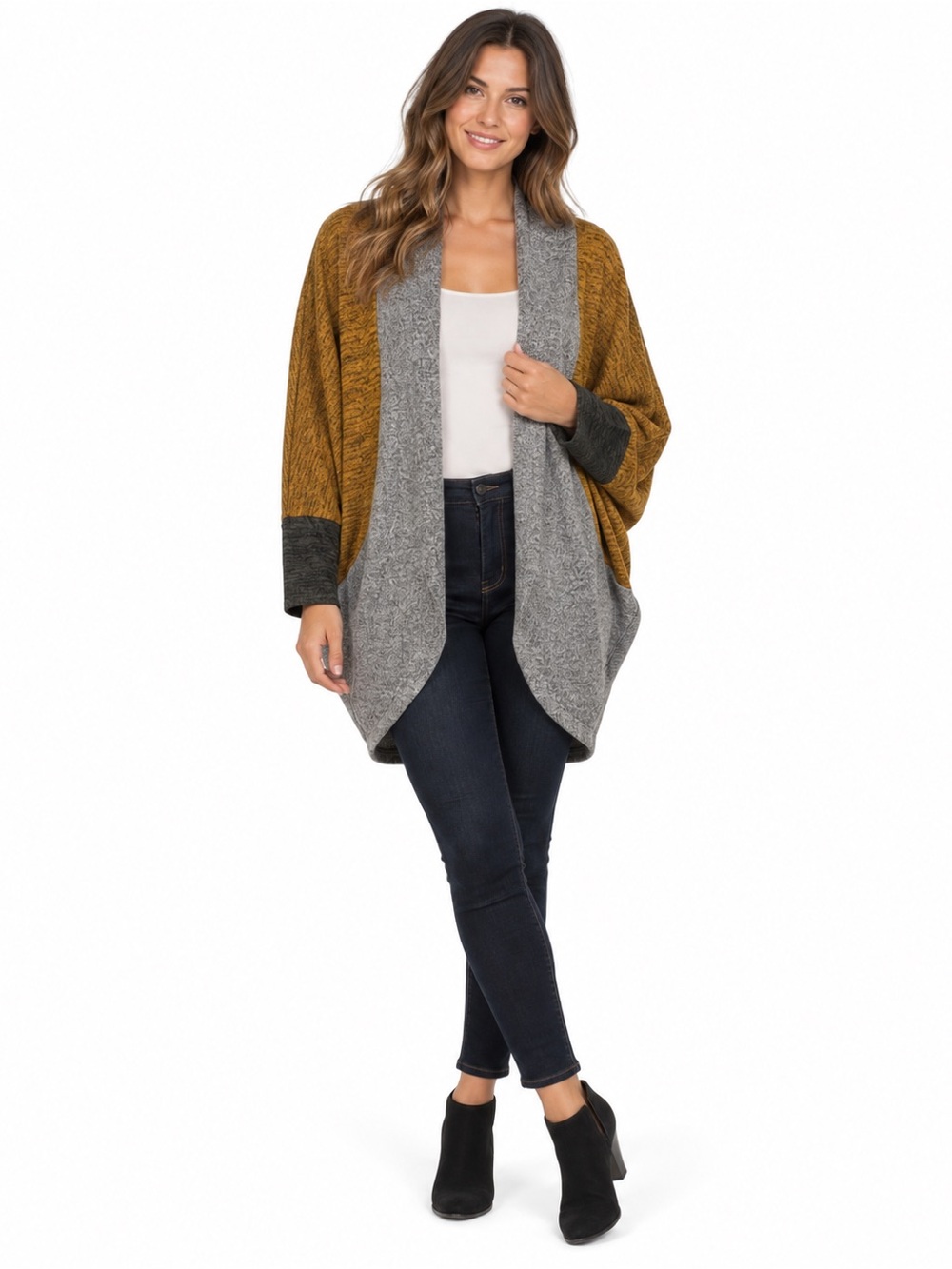 Daytrip Mustard Gray Cozy Colorblock Dolman Bohemian Open Front Cardigan SzS